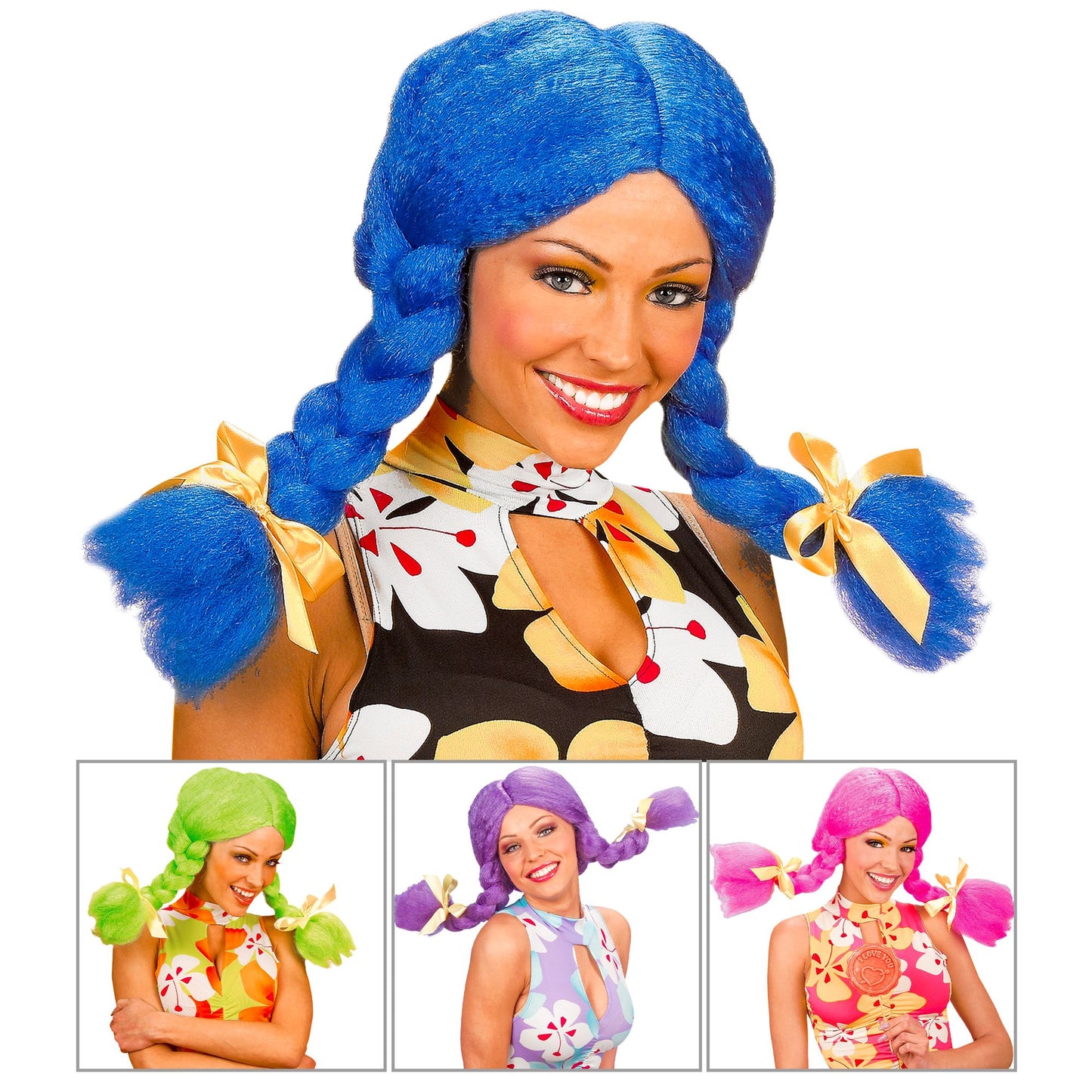"PERÜCKE DOLLY" mit modellierbaren Zoepfen - in Box - in 4 Farben sort.: blau, rosa, lila, grün – Vorderansicht