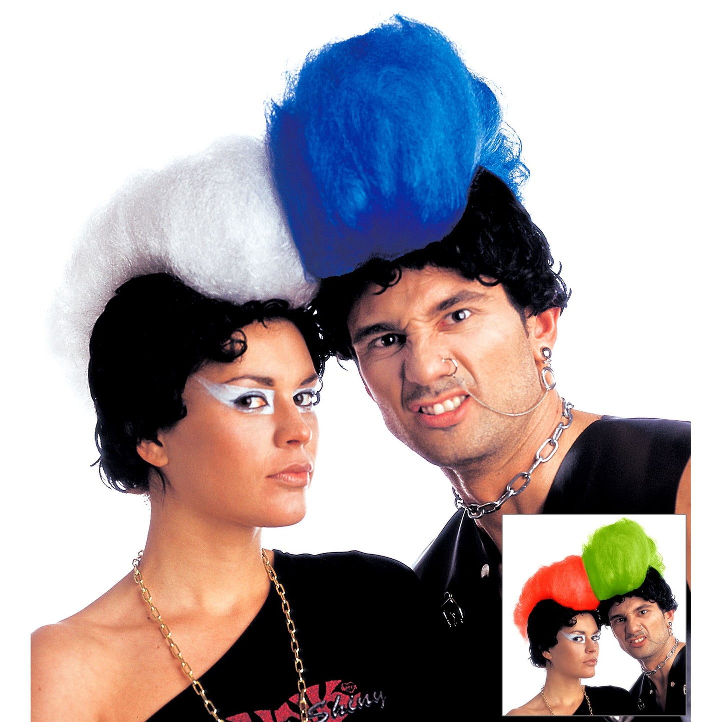 "PERÜCKE PUNK MIT MAXIIROKESE" in Polybag - in 4 Farben sort.: blau, weiß, grün, rot – Vorderansicht