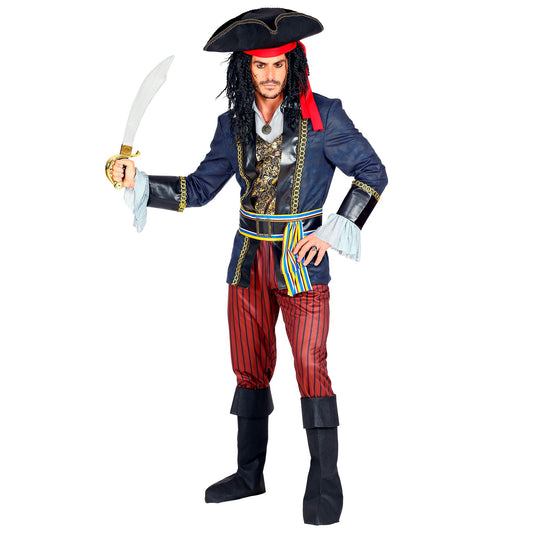 "PIRATENKAPITÄN" (Jacke mit Weste & Hemd, Hose, Gürtel mit Schnalle & Schärpe, Stiefelüberzieher, Hut mit Bandana) – Vorderansicht