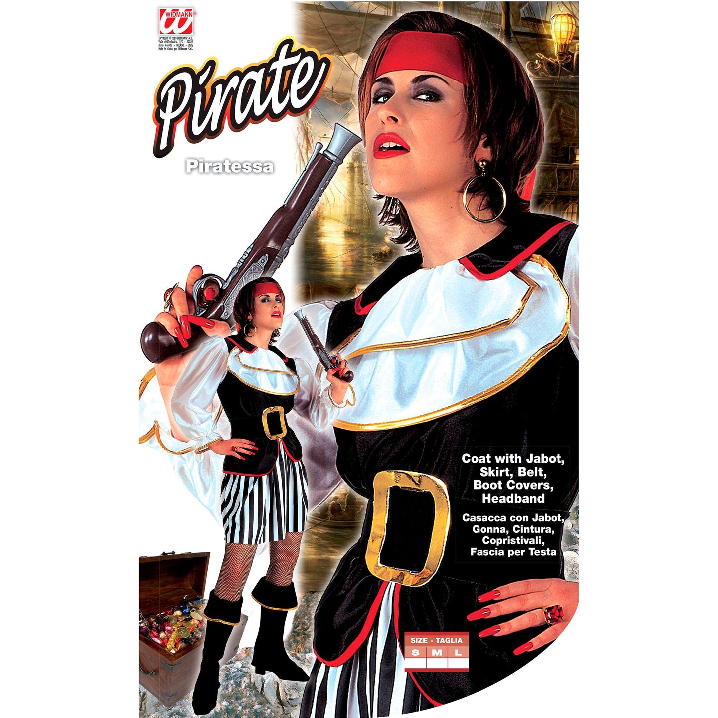 "PIRATIN" (Kasack mit Jabot, Rock, Gürtel, Stiefelüberzieher, Haarband) – Detailansicht
