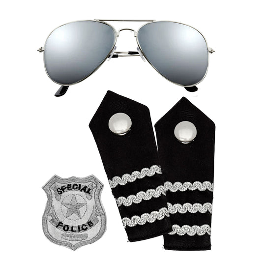 "POLIZISTEN SET" (Sonnenbrille, Schulterklappe, Abzeichen) – Vorderansicht