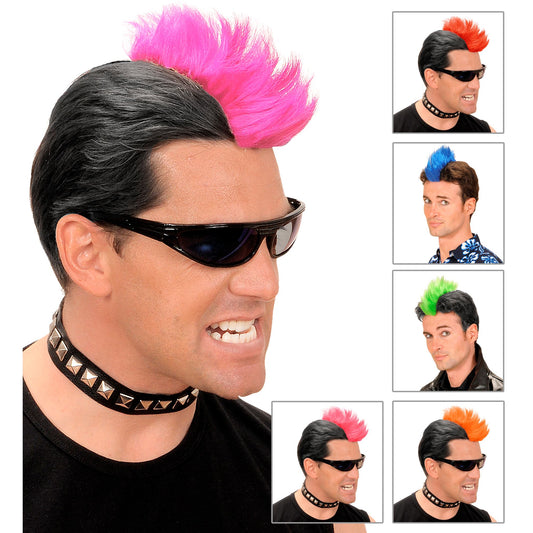 "PUNK IROKESE MIT CLIPS" sort. In 6 Farben: rot, blau, grün, rosa, orange, violett – Vorderansicht