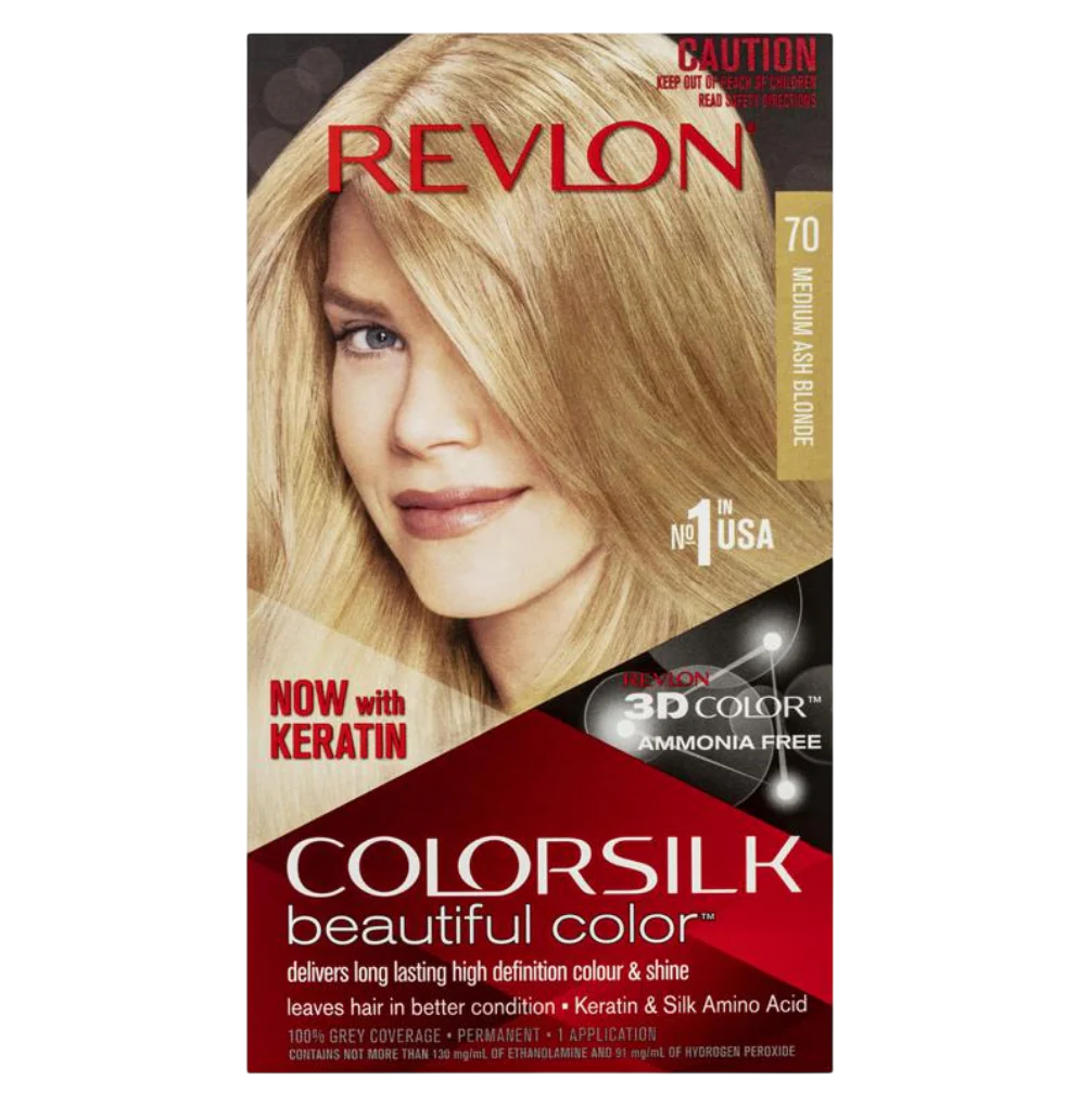 Revlon, Color Silk, Permanente Haarfarbe, 70 Medium Ash Blonde, 130 ml