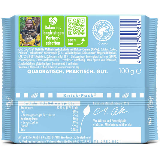 Ritter Sport Kokos 100g Alpen-Vollmilch-Schokolade mit Kokos-Milch-Creme