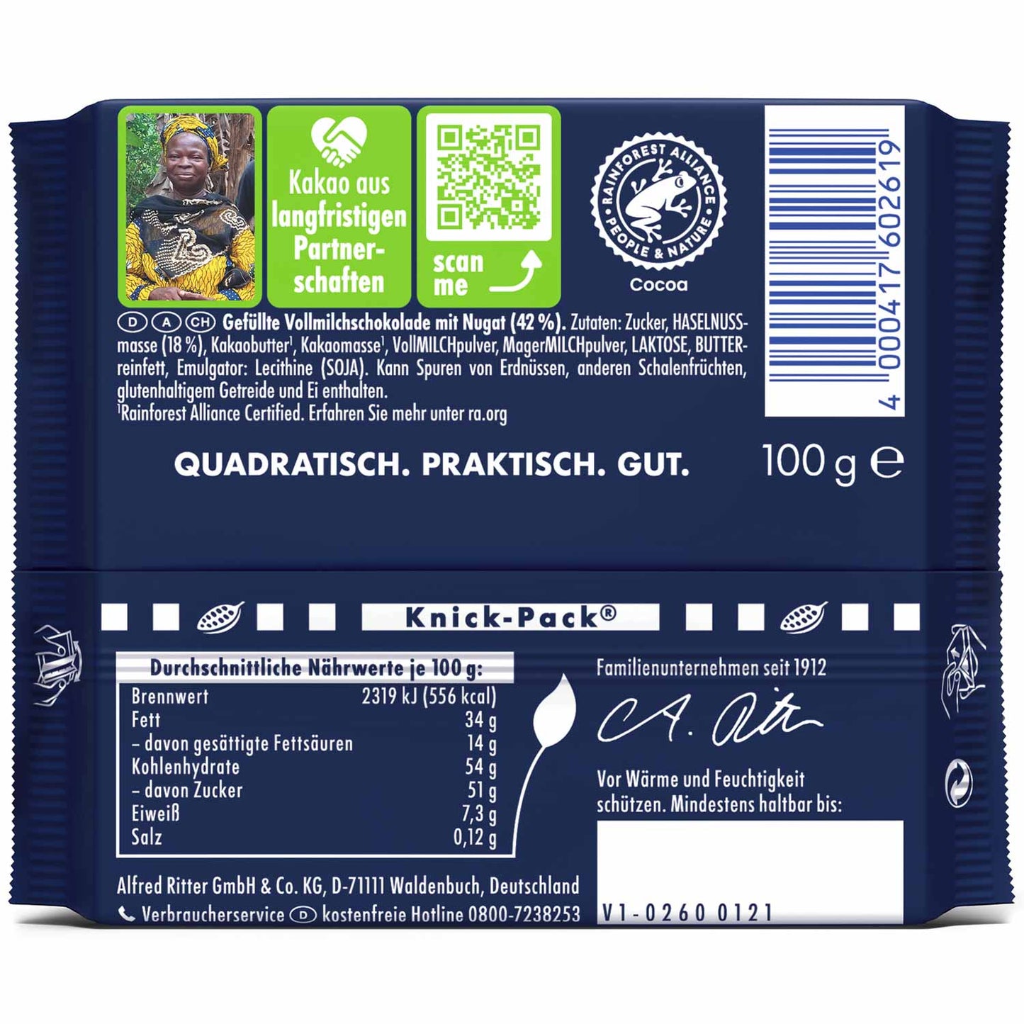 Ritter Sport Nugat 100g Vollmilchschokolade mit Nugat-Füllung – Seitenansicht