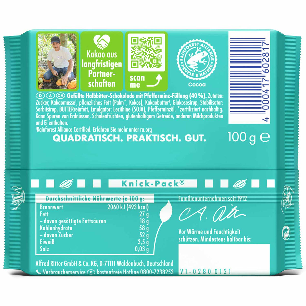 Ritter Sport Pfefferminz Dunkle Halbbitter-Schokolade 100 g