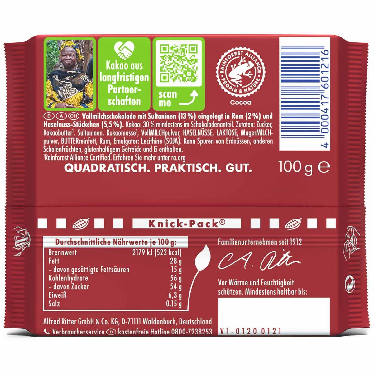 Ritter Sport Rum Trauben Nuss Vollmilchschokolade 100 g