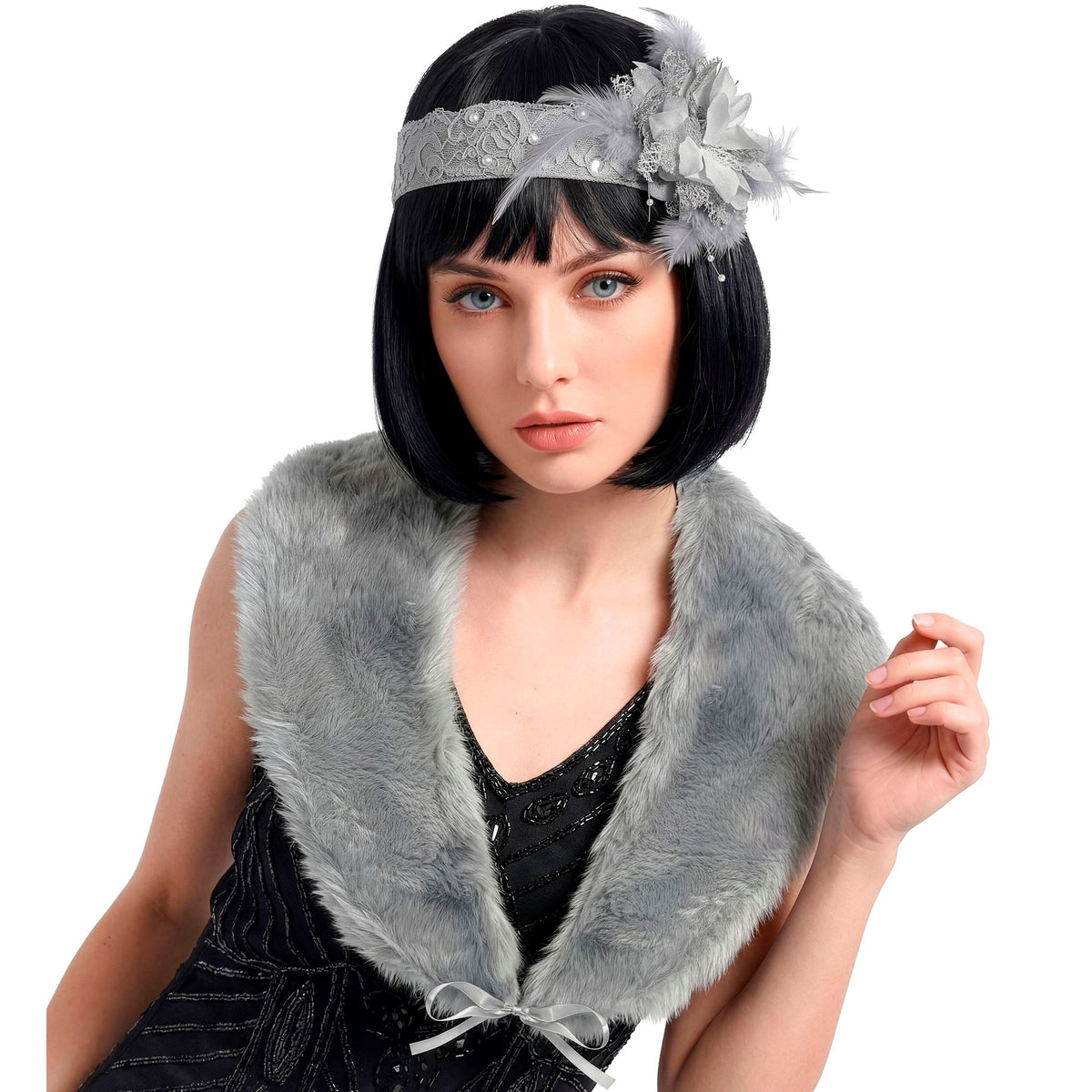 "ROARING 20s FLAPPER" (Stola aus Kunstpelz, Kopfschmuck mit Pailletten & Federn) – Ansicht 3