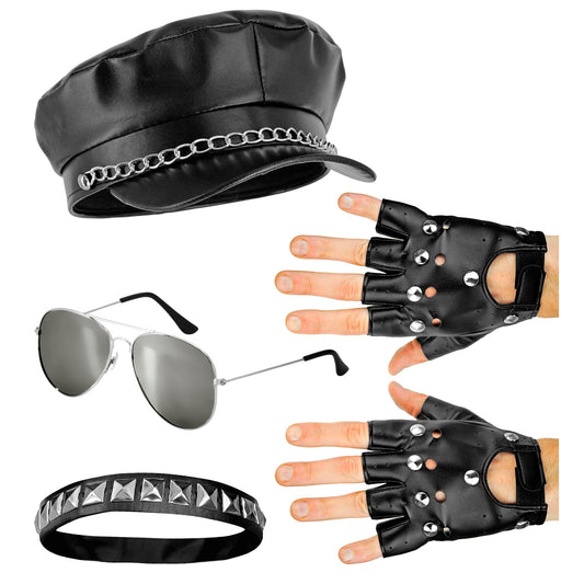 "ROCKER/BIKER SET" (Mütze, Halsband, Handschuhe, Brille) – Vorderansicht