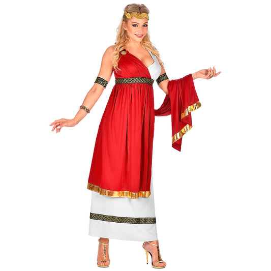 "RÖMISCHE KAISERIN" (Kleid mit Umhang, Armbändern, Lorbeerkranz) – Vorderansicht