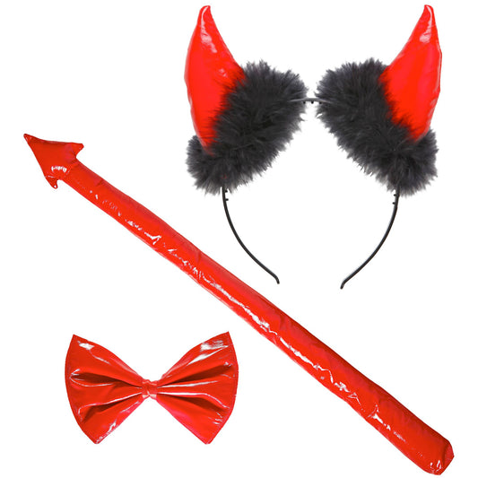 "ROTER TEUFEL AUS VINYL" Dress-up Set (Hörner, Fliege, Schwanz) – Vorderansicht