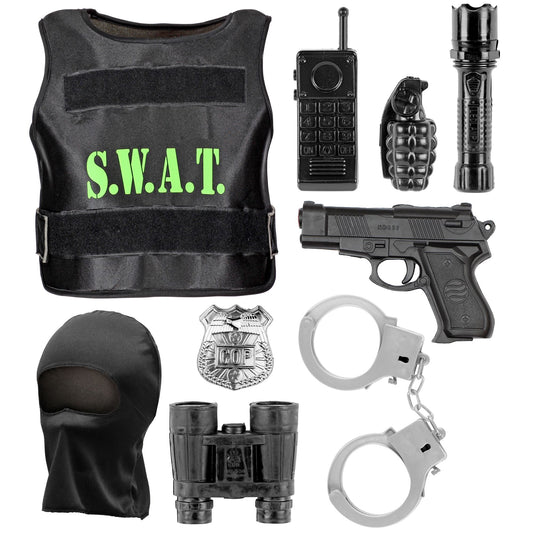 "S.W.A.T." (Kugelsichere Weste, Maske, Abzeichen, Pistole, Handschellen, Funkgerät, Taschenlampe, Handgranate, Fernglas) – Vorderansicht