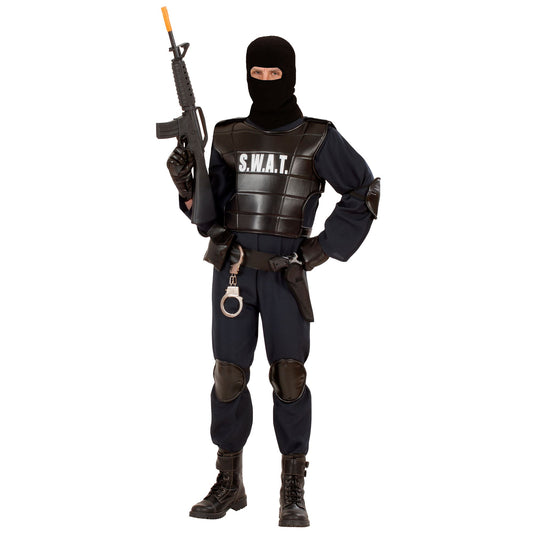 "S.W.A.T. OFFICER" (Overall, Schusssichere Weste, Gürtel mit Halfter und Tasche, Knieschützer, Ellenbogenschützer, Maske) – Vorderansicht