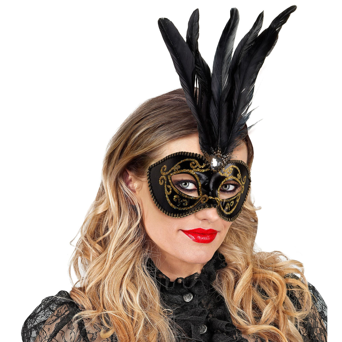 "SCHWARZE AUGENMASKE MIT GOLD, STEIN UND FEDERN" – Ansicht 4