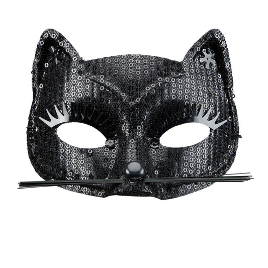 "SCHWARZE KATZENAUGENMASKE MIT PAILETTEN" – Vorderansicht