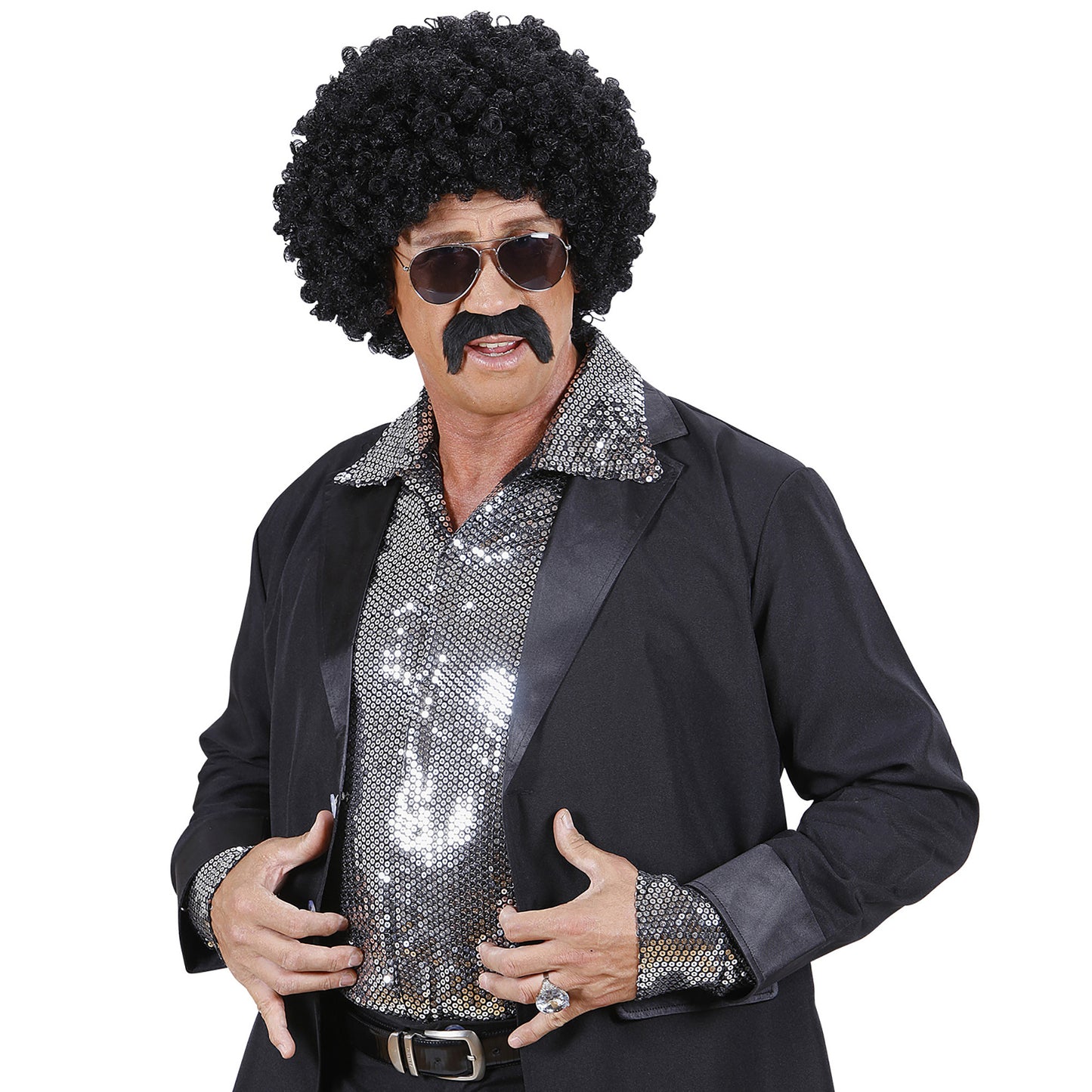 "SCHWARZE LOCKENPERÜCKE GEHEIMAGENT MIT SCHNURBRART UND SONNENBRILLE"in Box – Ansicht 4