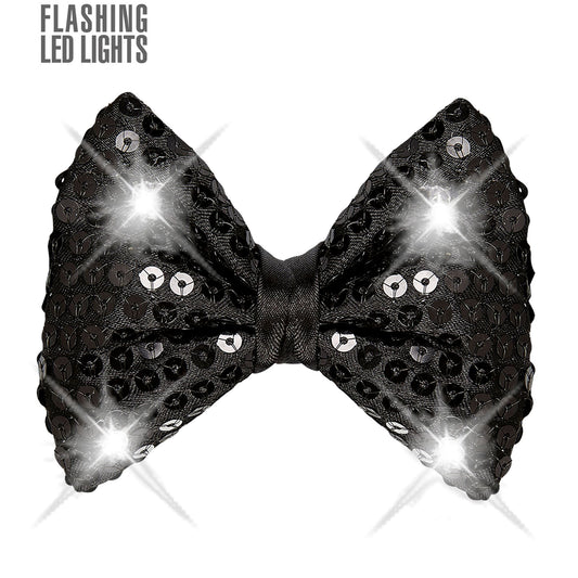 "SCHWARZE PAILLETTENFLIEGE MIT 4 LED LICHTERN" regulierbar – Vorderansicht