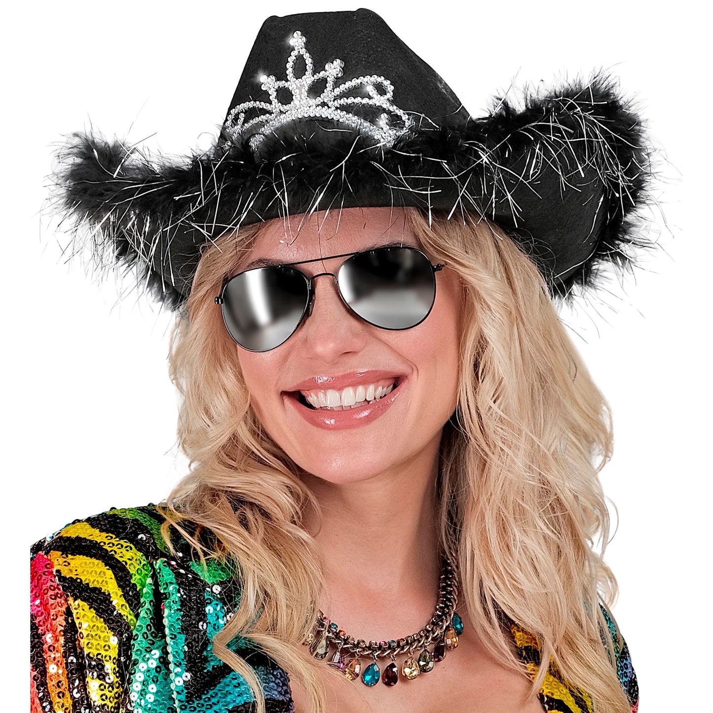 "SCHWARZER COWGIRL mit Tiara & Marabu Verzierung mit Lametta Fäden in Silber – Ansicht 5