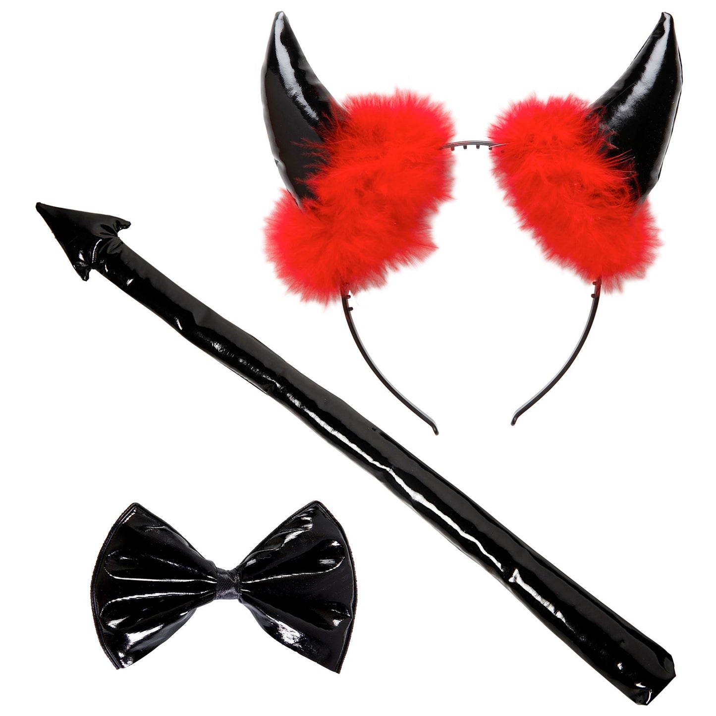"SCHWARZER TEUFEL AUS VINYL" Dress-up Set (Hörner, Fliege, Schwanz) – Vorderansicht