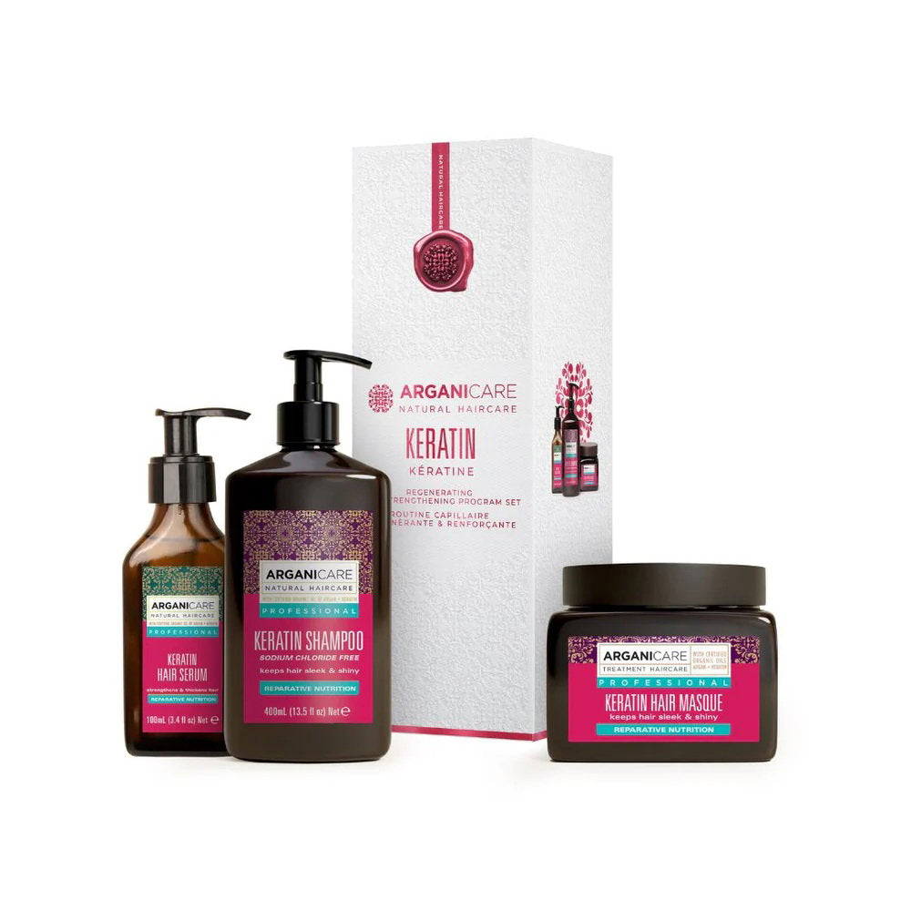 Set Arganicare: Keratin, Hair Shampoo, Repairing & Nourishing, 400 ml + Keratin, Hair Treatment Cream Mask, Nourishing & Repairing, 500 ml + Keratin, Hair Serum, Nourishing & Strengthening, 100 ml