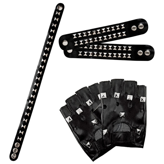"SET BIKER/ROCKER: HANDSCHUHE MIT NIETEN - 2 ARMBÄNDER MIT NIETEN (2 REIHEN) - HALSBAND MIT NIETEN" Kunstleder – Vorderansicht