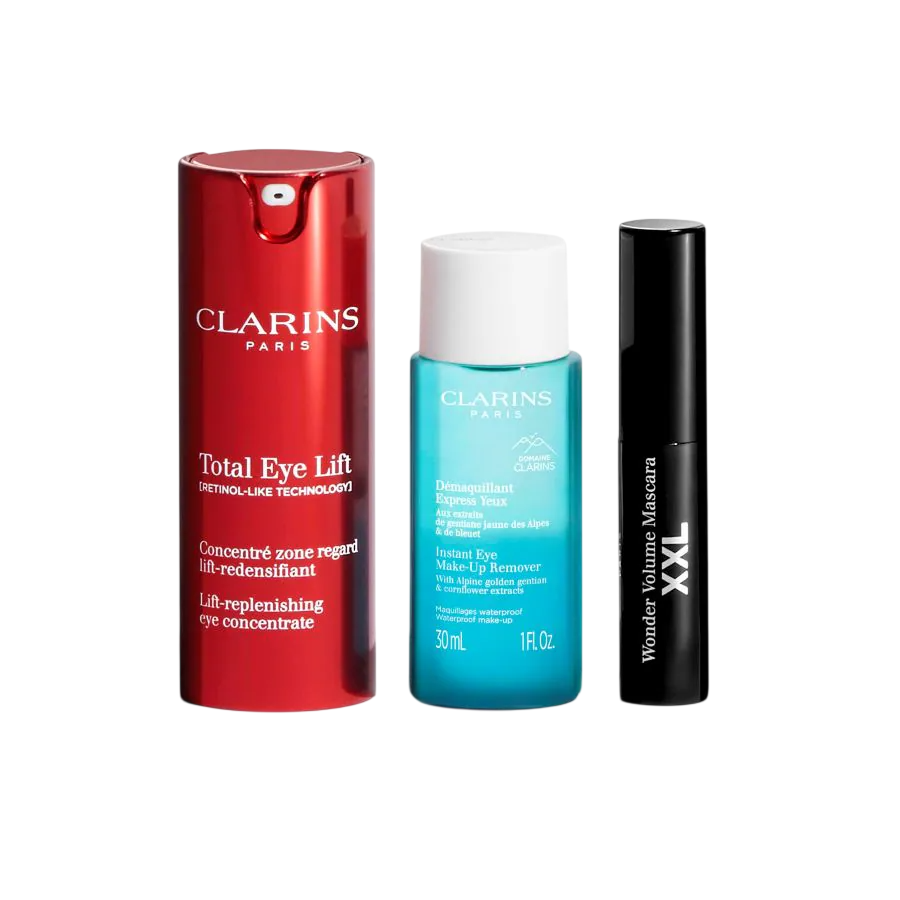 Clarins Augenpflege- und Augen-Make-up-Set mit Augenserum, Make-up-Entferner und schwarzer Mascara