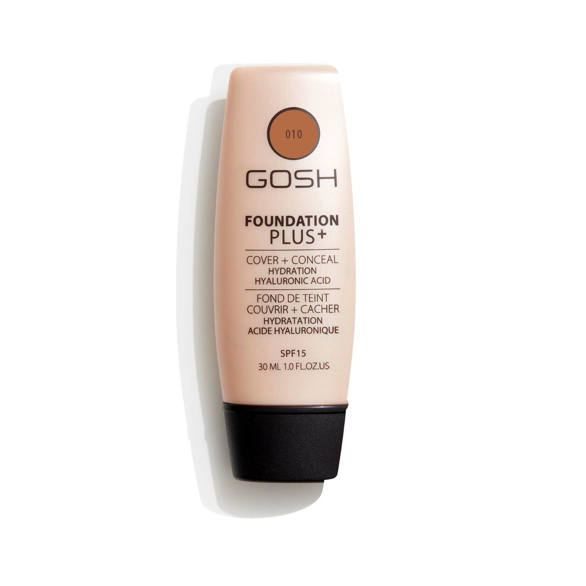 Gosh, Foundation Plus+, Flüssige Grundierung & Concealer 2-in-1, 010, Bräune, SPF 15, 30 ml