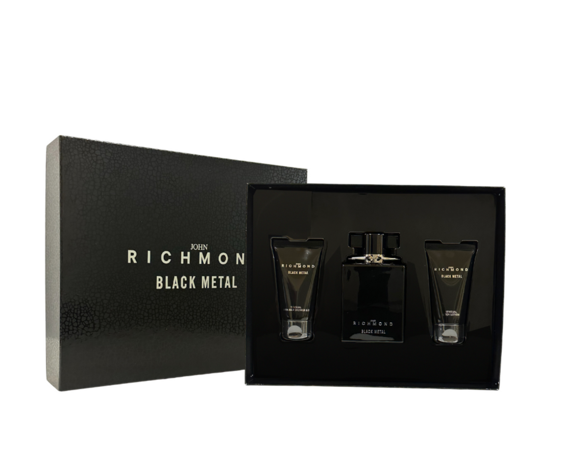 Set John Richmond: Black Metal, Natural, Cleansing, Shower Gel, 50 ml + Black Metal, Body Lotion, 50 ml + Black Metal, Eau De Parfum, For Men, 100 ml