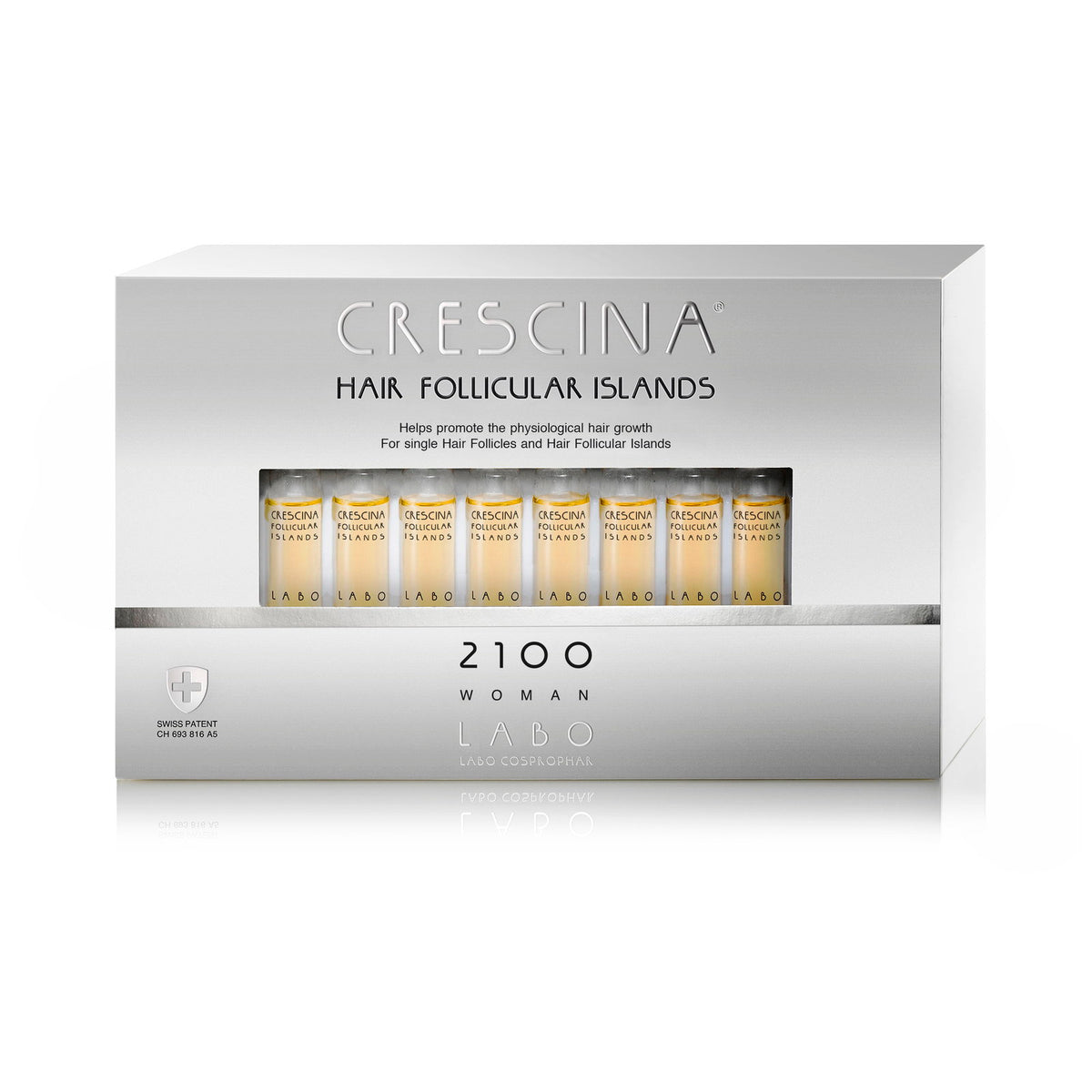 Setzen, Labo Cosprophar Suisse, Crescina Follicular Islands 2100, Zur Wachstumsstimulation, Ampullen Behandlungsserum, Für die Kopfhaut, Für Frauen, 20 stk
