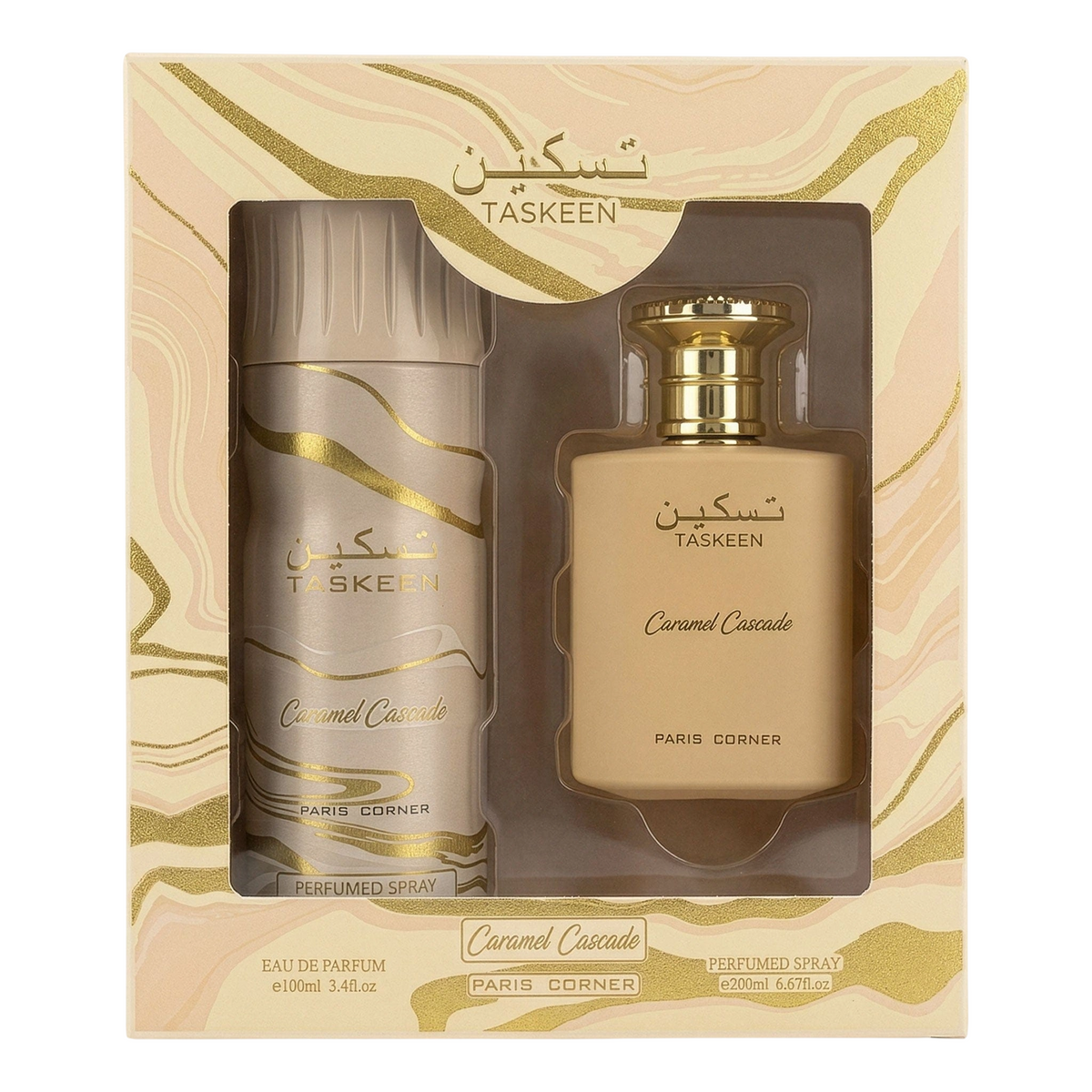 Paris Corner Taskeen Caramel Cascade Duftset mit Eau de Parfum 100 ml und Deodorant Spray 200 ml