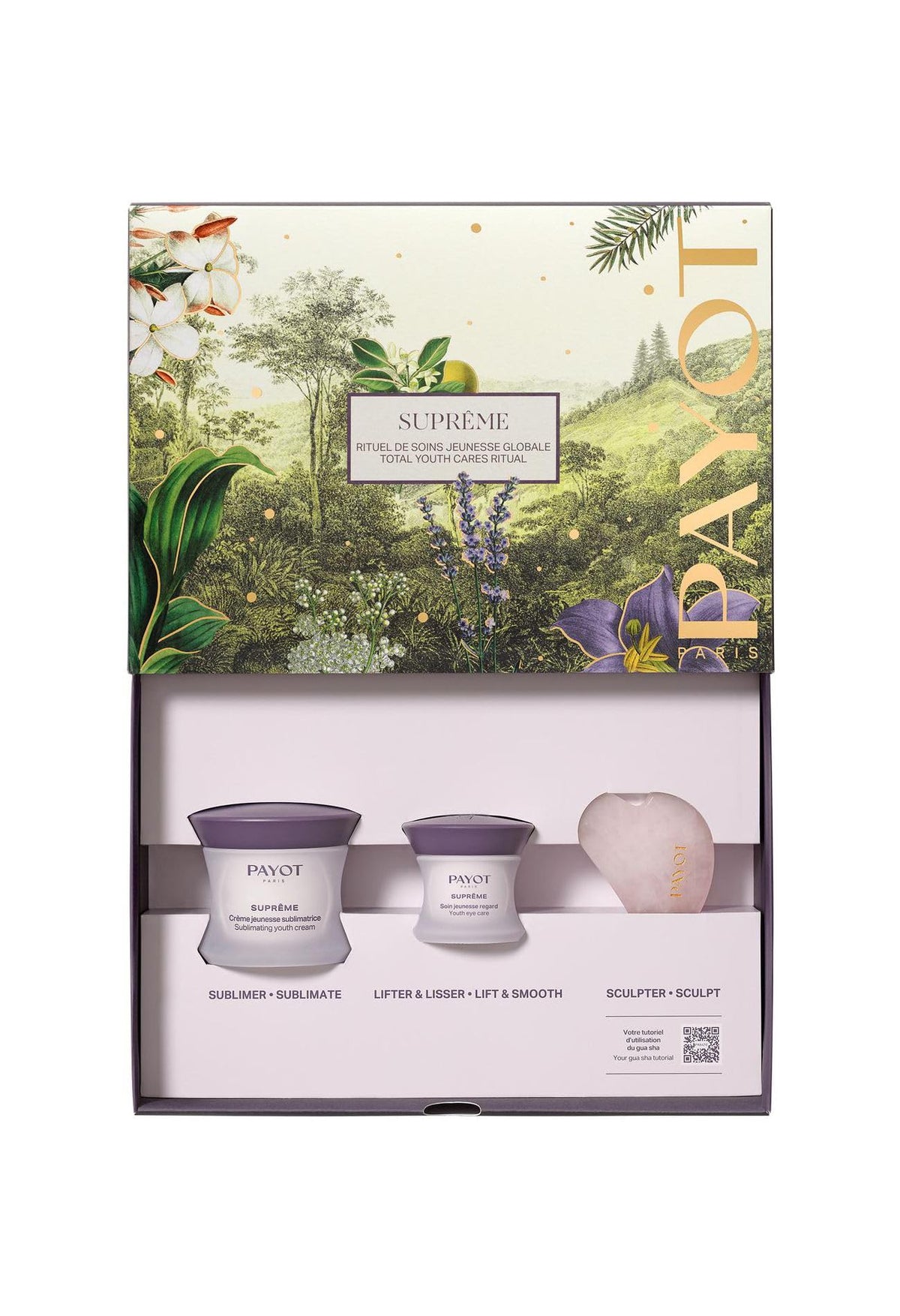 Payot Supreme Sublimating Pflegeset mit Tagescreme, Augencreme und hellrosa Gua-Sha-Stein