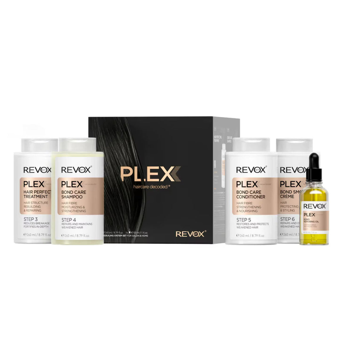 Set Revox B77: Plex Bond Step 3, Hair Cream Treatment, Anti-Breakage, 260 ml + Plex Bond Step 4, Hair Shampoo, For Strengthening, 260 ml + Plex Bond Step 5, Hair Conditioner, Restores, 260 ml + Plex Bond Step 6, Hair Cream Treatment, Repairing, 260
