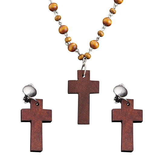 "SET ROSENKRANZ UND OHRRINGE HOLZKREUZ" – Vorderansicht