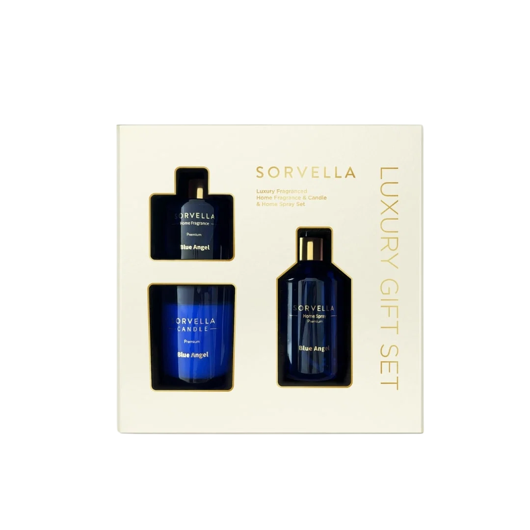Set Sorvella: Blue Angel, Stick, Aroma Reed Diffuser, 120 ml + Blue Angel, Fruity & Floral, Scented Candle, 170 g + Blue Angel, Room Spray, 200 ml