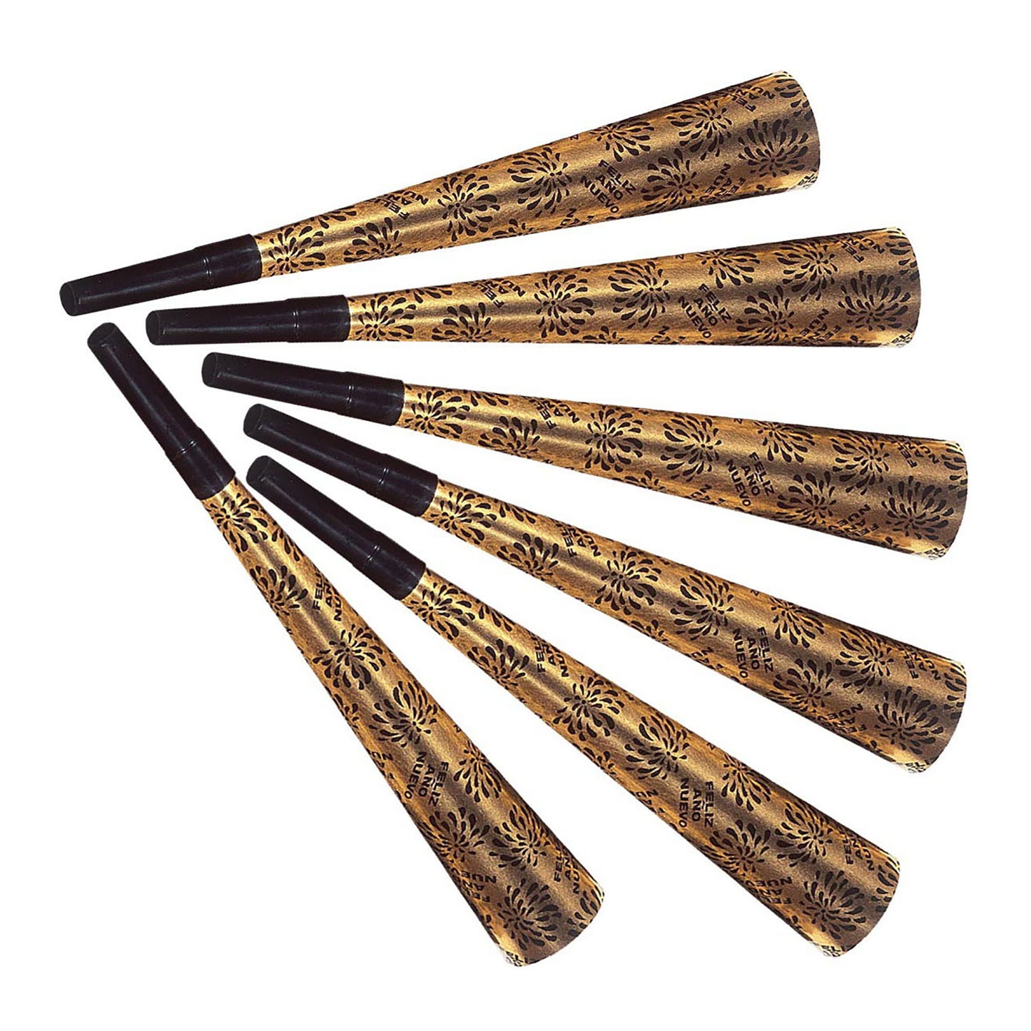 "Set von 6 TROMPETEN FELIZ AÑO NUEVO GOLD" 25 cm – Vorderansicht