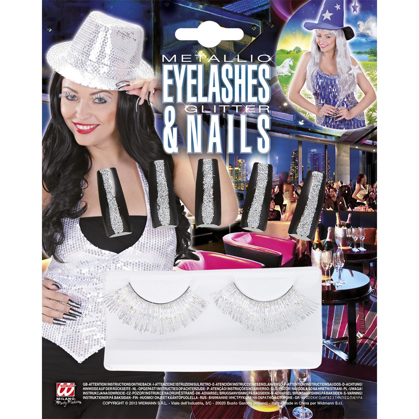 "SET VON METALLISIERTEN WIMPERN & 10 FINGERNÄGELN IN SILBER – Vorderansicht