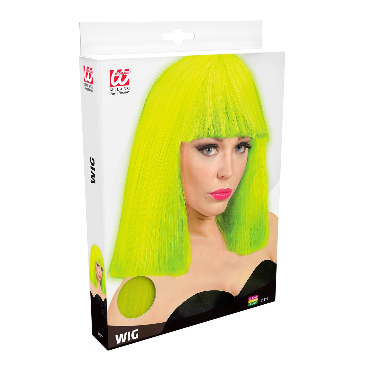 "SHOWGIRL PERÜCKE" neon Gelb in Box – Detailansicht