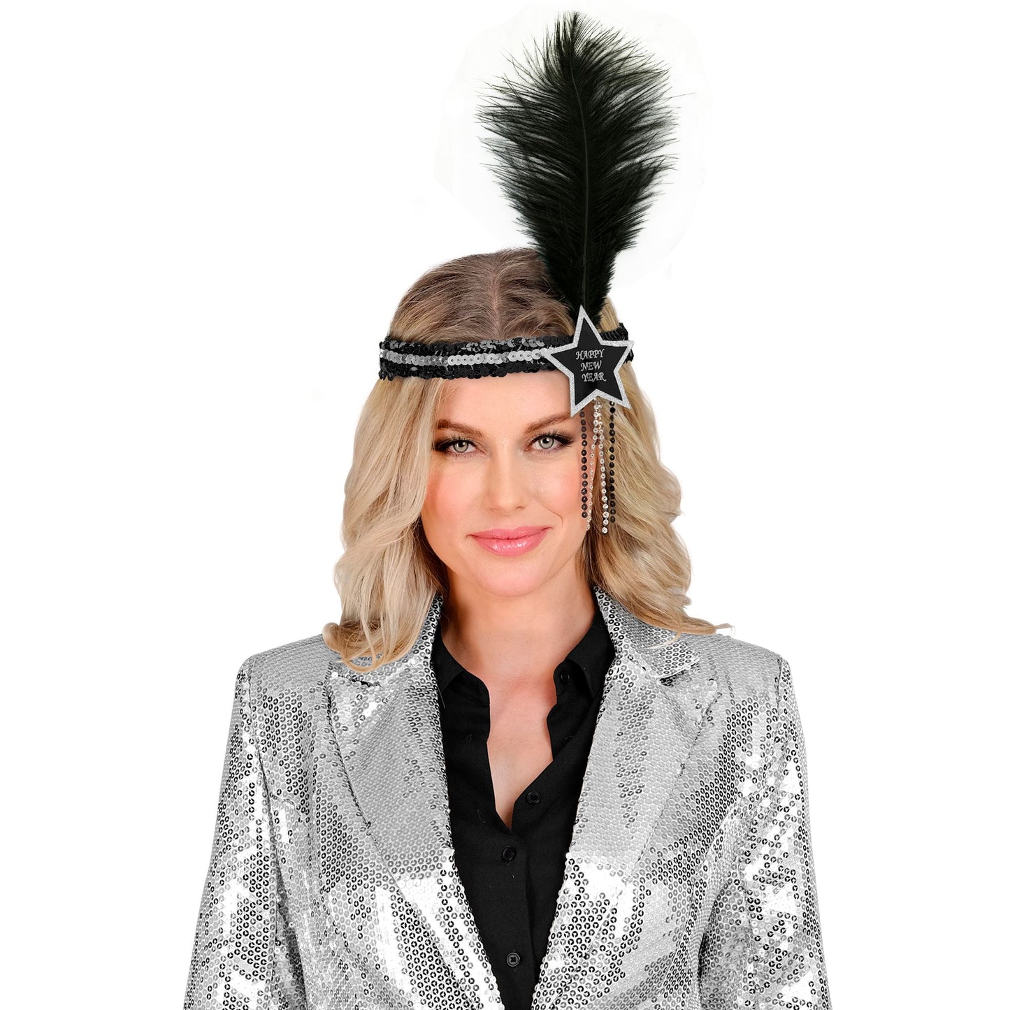 "SILBER-SCHWARZES HAARBAND MIT STERN HAPPY NEW YEAR AUS SEQUIN UND MIT FEDER" – Ansicht 3