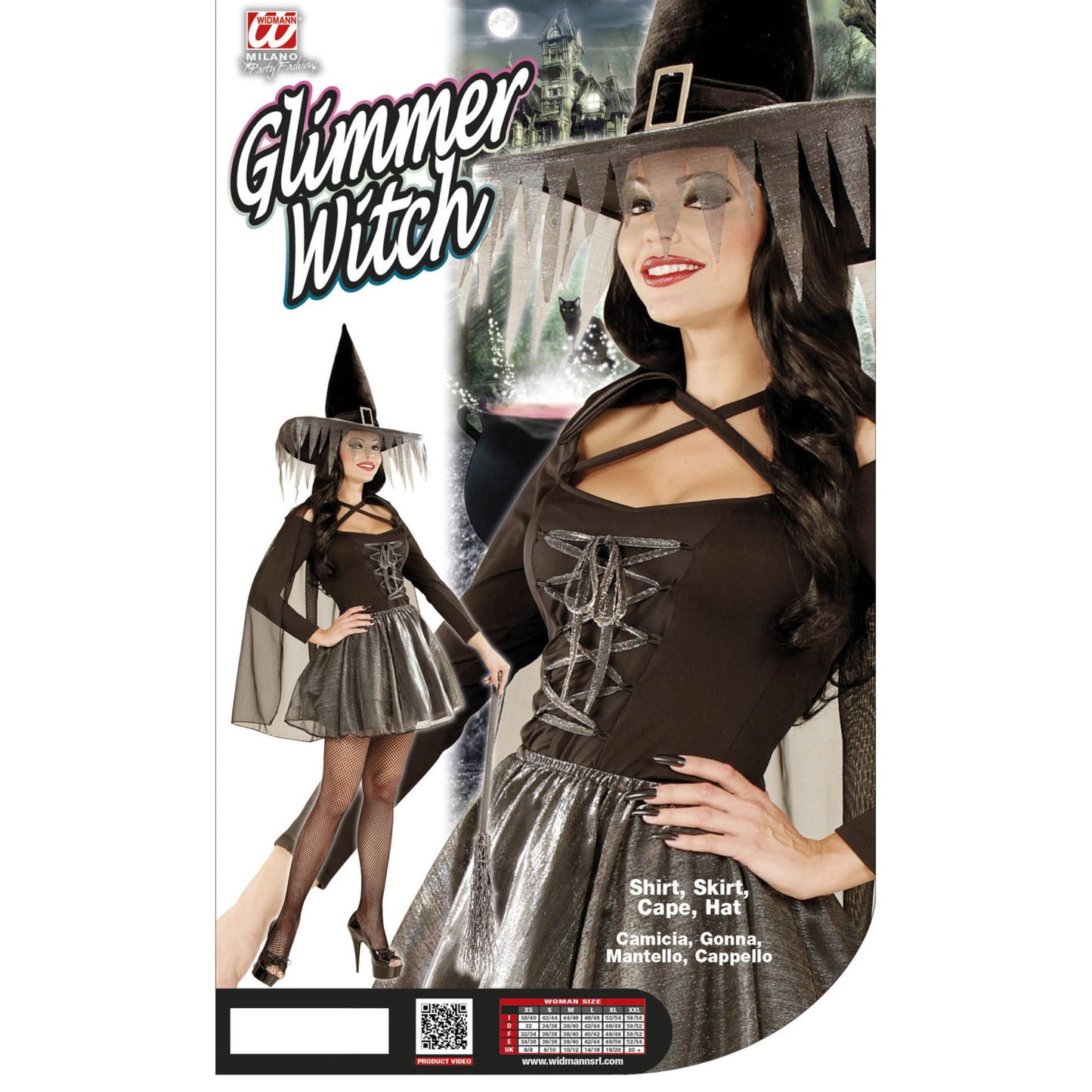 "SILBERNE GLIMMER HEXE" (Oberteil, Rock, Umhang, Hut) – Detailansicht