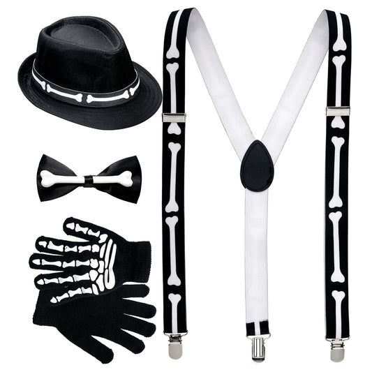 "Skelett" (Hosenträger, Fliege, Handschuhe & Hut) – Vorderansicht
