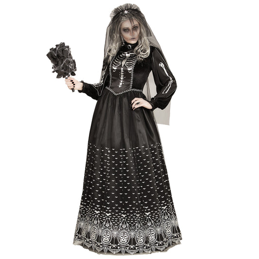 "SKELETTBRAUT" (Kleid mit Reifunterrock, Brautschleier) – Vorderansicht