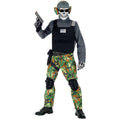 "SKELETTSOLDAT" (Overall, Weste, Knieschoner, Gürtel, Holster, Maske, Brille, Kopfhörer) – Vorderansicht