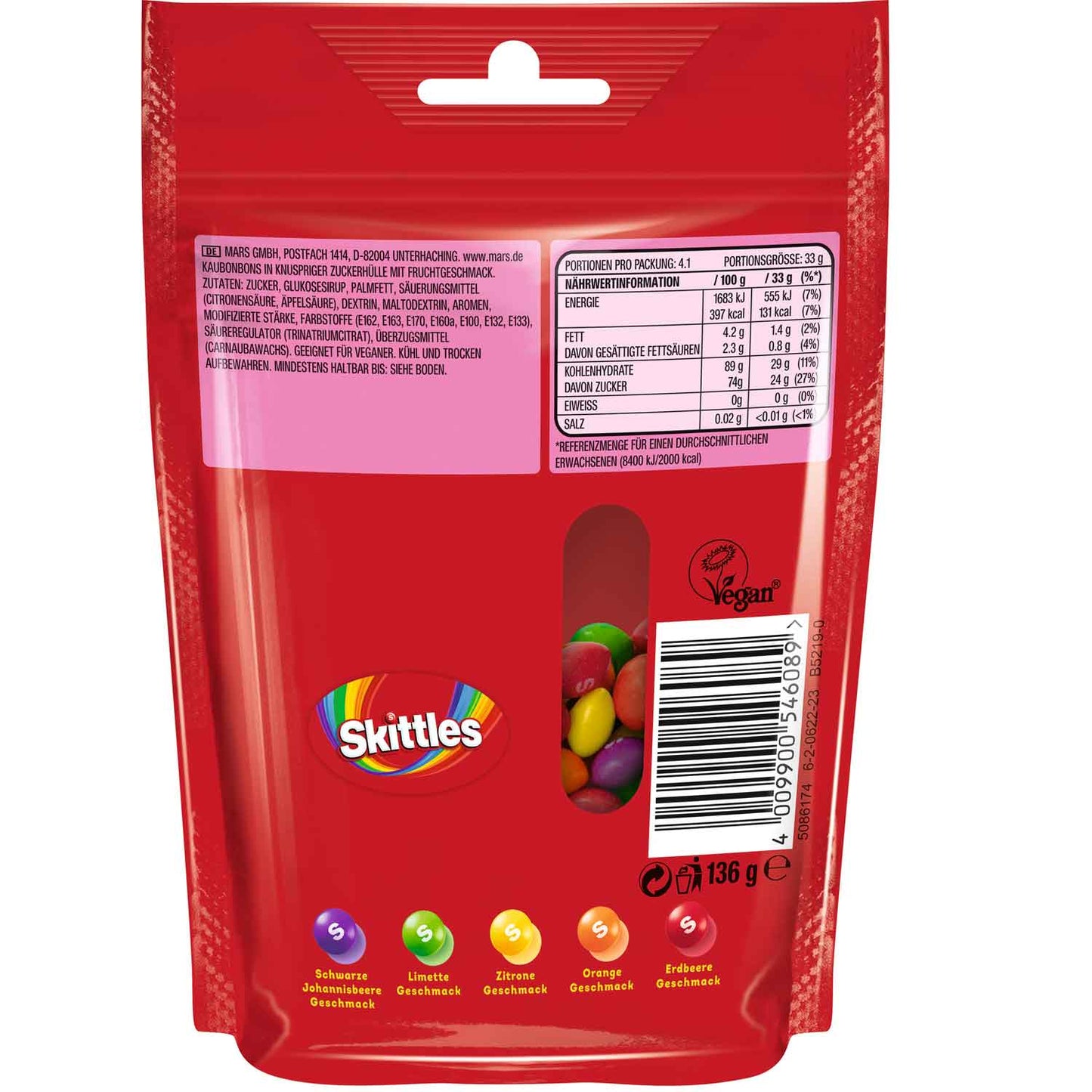 Skittles Fruits 136 g Kaudragees mit knuspriger Zuckerhülle und Fruchtsaftkonzentrat
