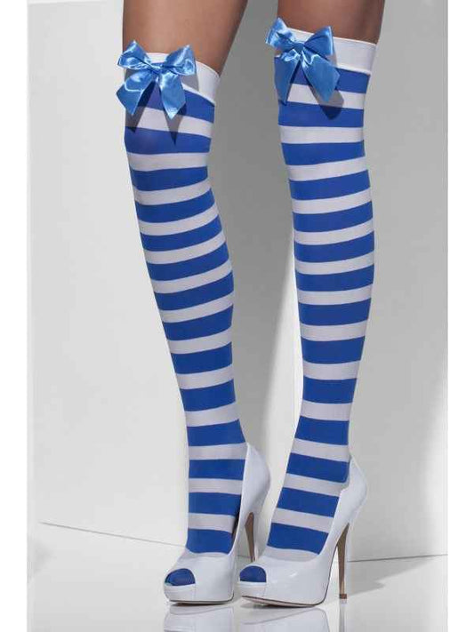 Smiffys blickdichte Overknee Strümpfe Blau-Weiss gestreift mit Schleifen – Produktansicht