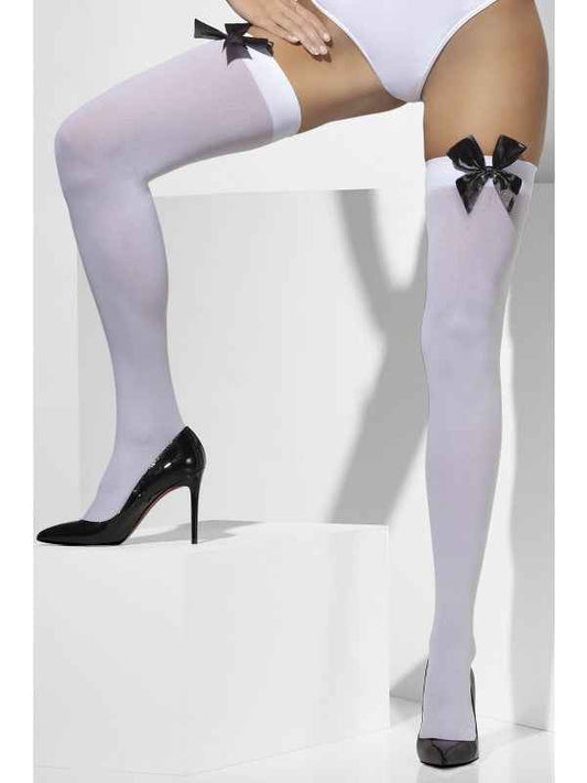 Smiffys Opaque Thigh-High Strümpfe Weiß mit Schwarzer Satin-Schleife - Fasnacht24.ch