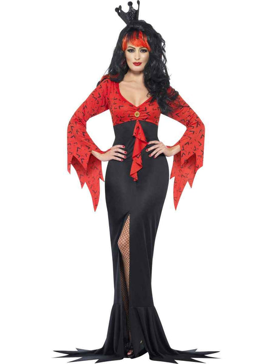 Smiffys Damen Vampirkostüm schwarzes rotes Langkleid mit Schlitz – Produktansicht