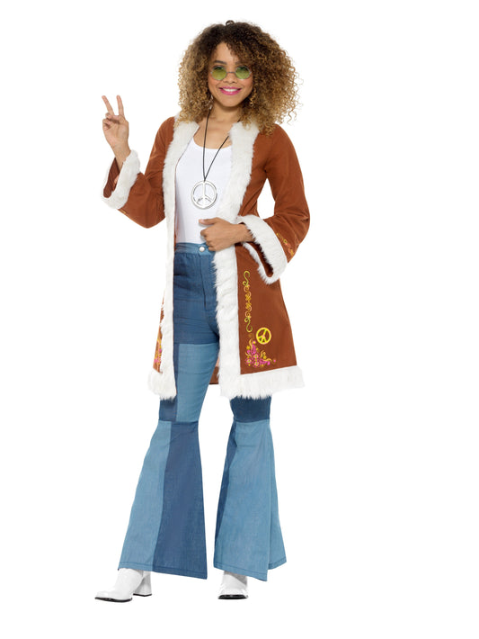 Smiffys Hippie Retro Mantel Braun mit Pelzbesatz Damenkostüm - Fasnacht24.ch – Produktansicht