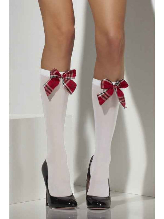 Smiffys kniehohe weisse Kniestrümpfe mit Tartan Schleife – Produktansicht