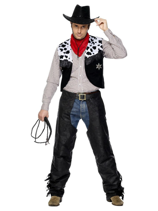 Smiffys Cowboy Kostüm – Schwarze Leder-Chaps & Weste mit Fransen – Produktansicht