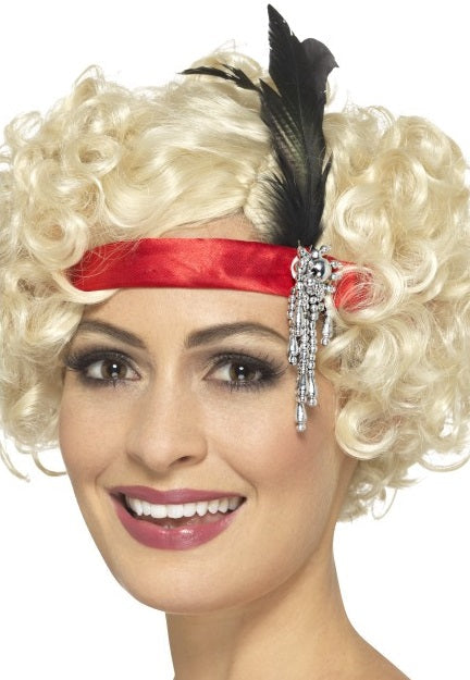 Smiffys Rotes Satin Charleston Stirnband Mit Schwarzer Feder – 1920er Stil